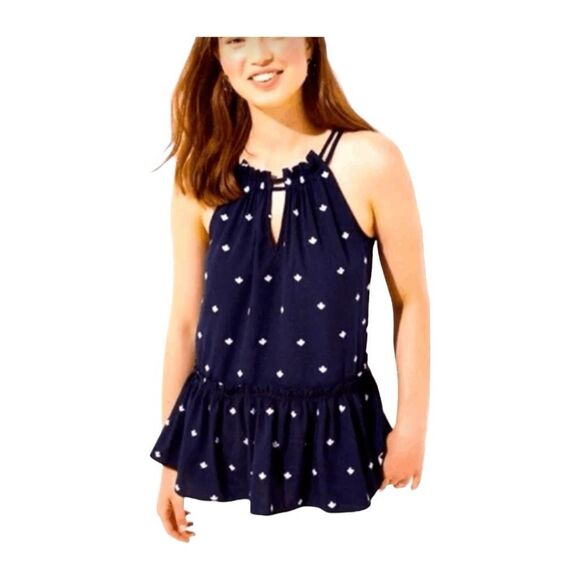 Loft Embroidered Floral Print Halter Top Navy Blue White Off The Shoulder Peplum - Picture 1 of 9